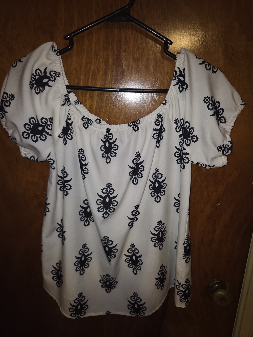 SHEIN White Black Boho Floral Medallion Off Shoulder Peasant Top Size M